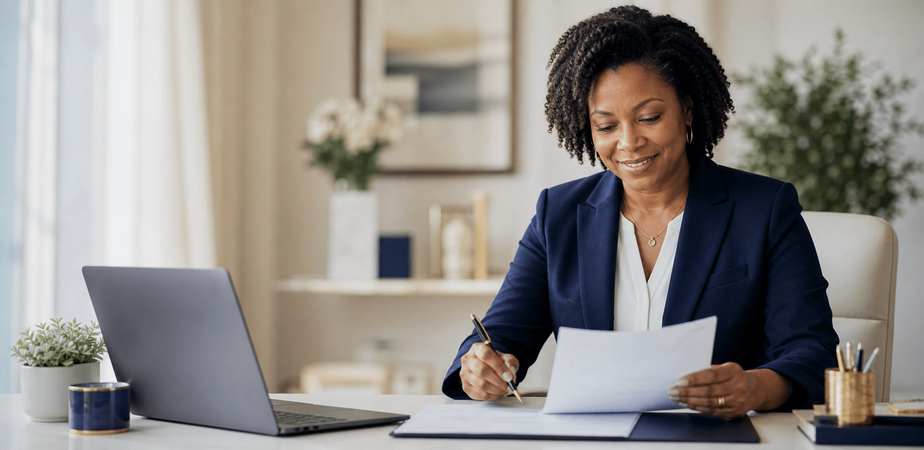 Professional notary working from her office